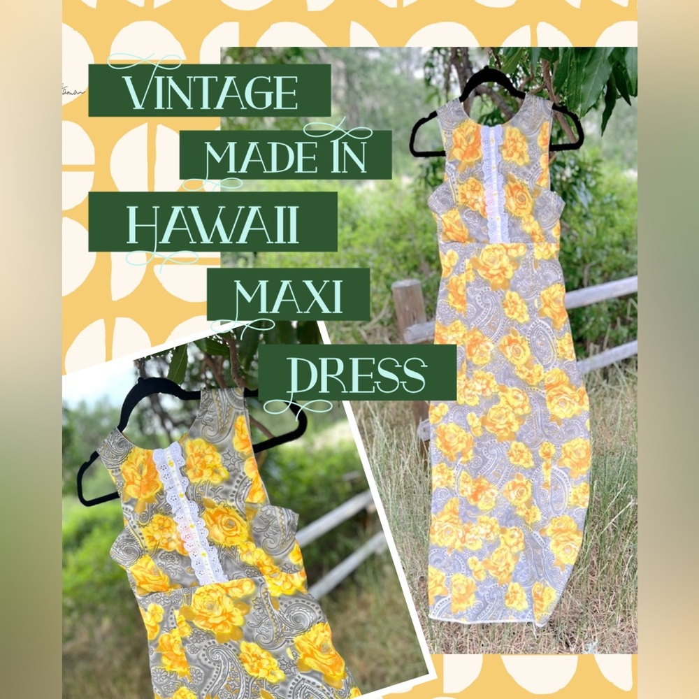 Vintage 1960’s Handmade Yellow Rose And Grey Paisley Maxi Dress Pearl Buttons